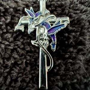 Silver Cross Pendant Necklace with Blue humming Bird Design